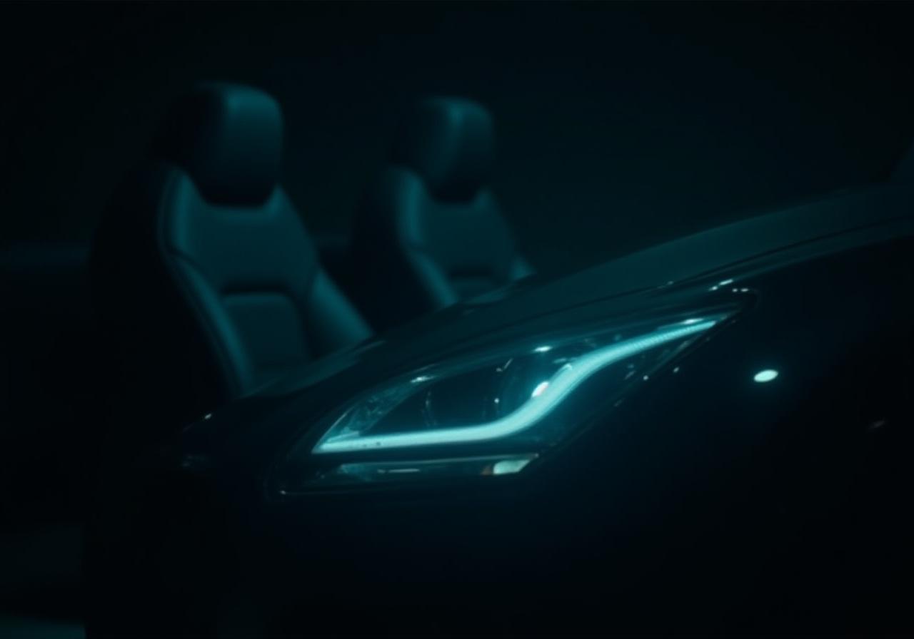 Close up of a polished luxury car interior and crystal clear headlight